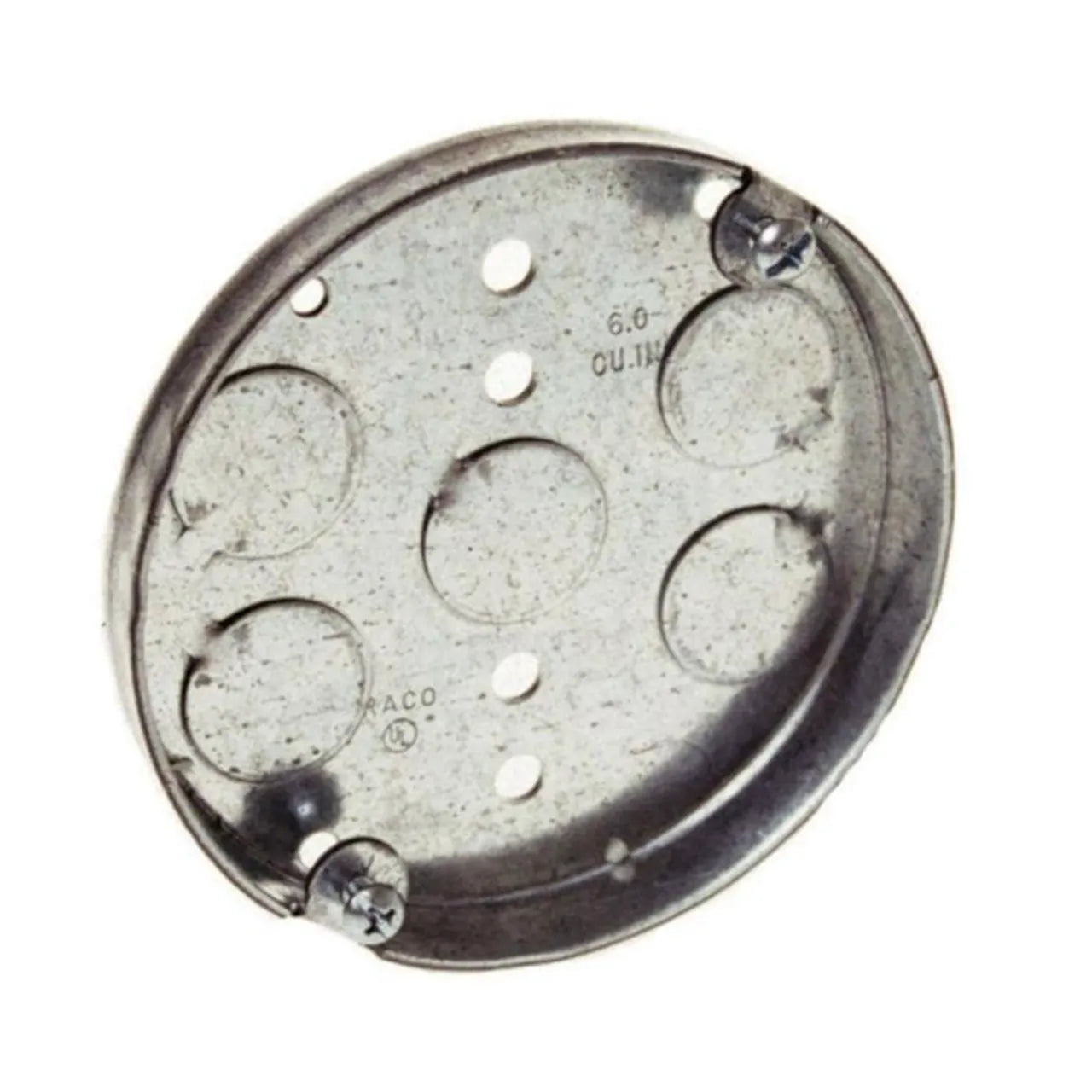 A Go Build 1-Gang Round Shallow New Work Electrical Box cover with four large knockouts, three screw holes, and two attached screws is displayed against a plain white background.